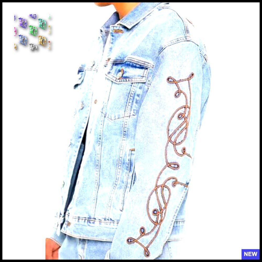 Embroidered Denim Trucker Jacket Stretch Retro Western Aviator Style - Picture 3 of 6